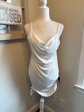 Lulus Cowl Neck Ruched Tie Side Spaghetti Strap Mini Dress White NWT